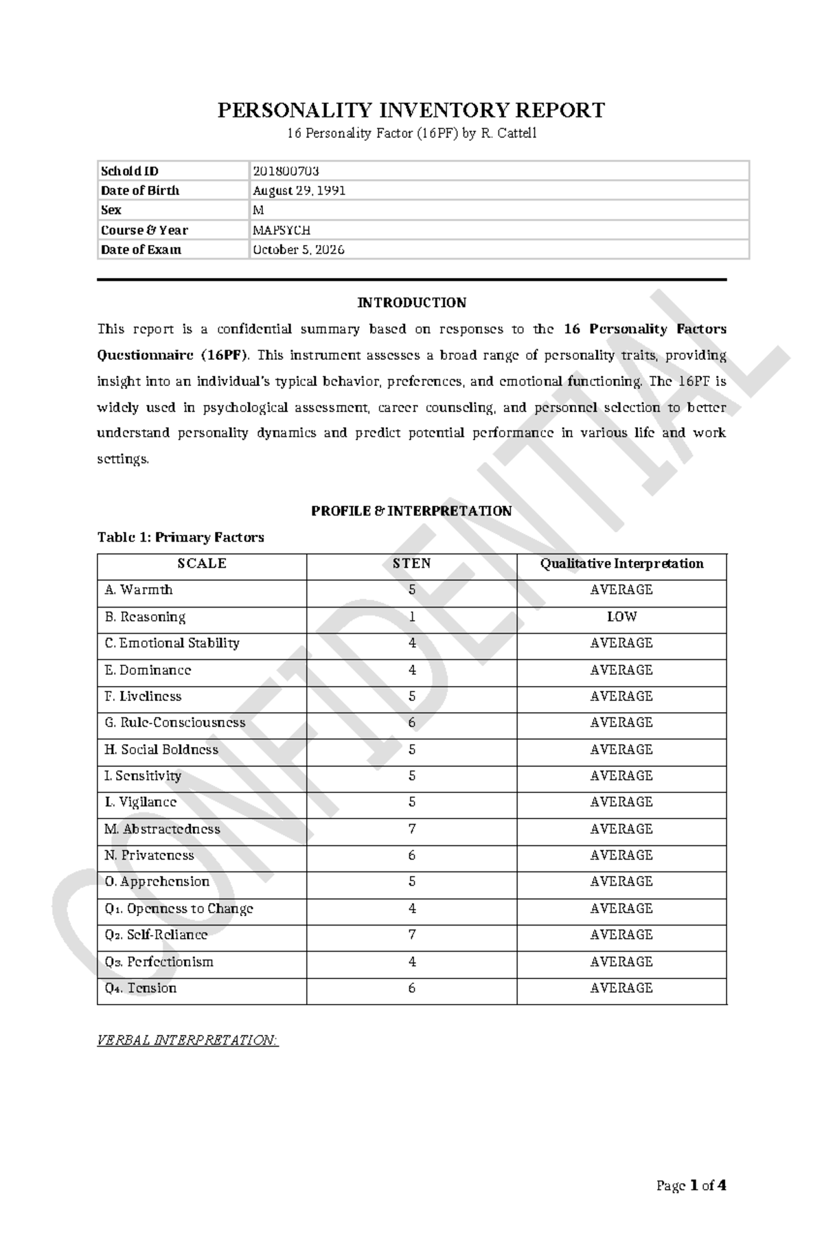 16PF Personality Inventory Report - MAPSYCH Course - Studocu