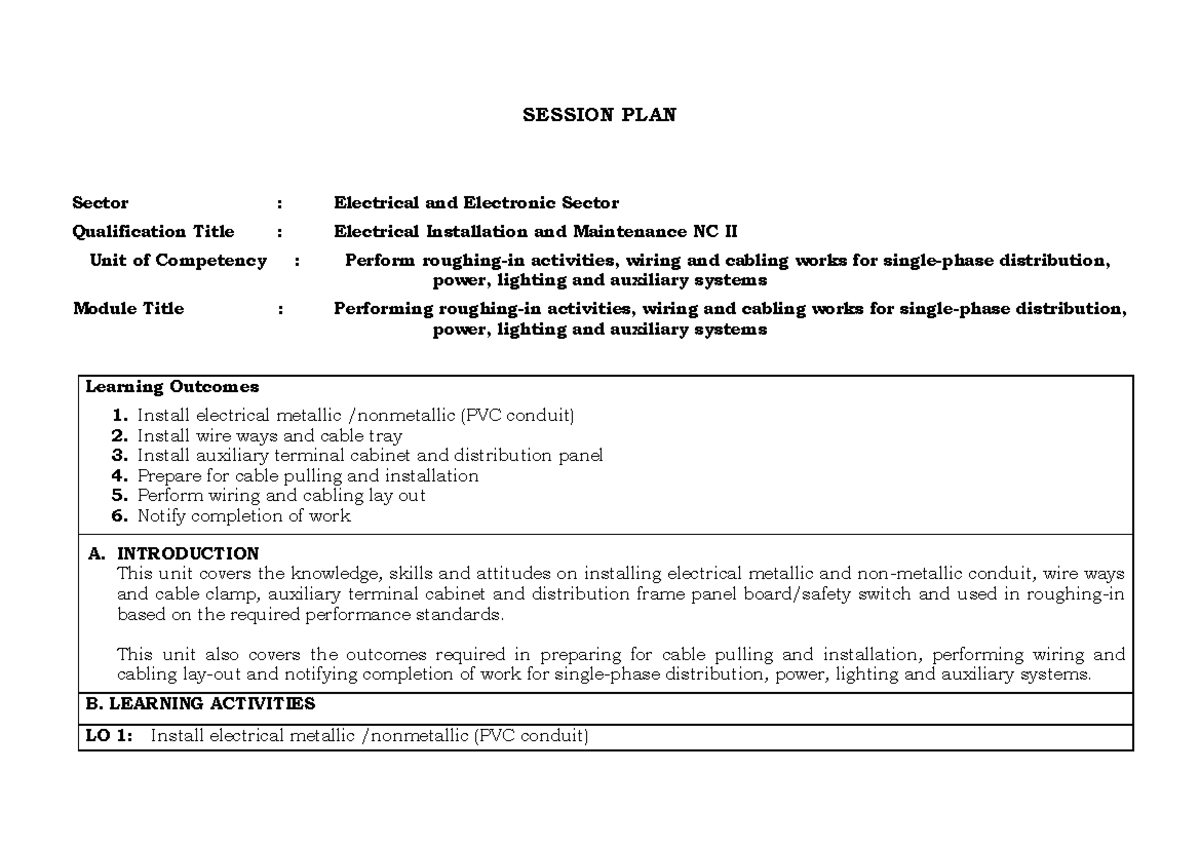 Session Plan for Electrical Installation & Maintenance NC II (Torres ...