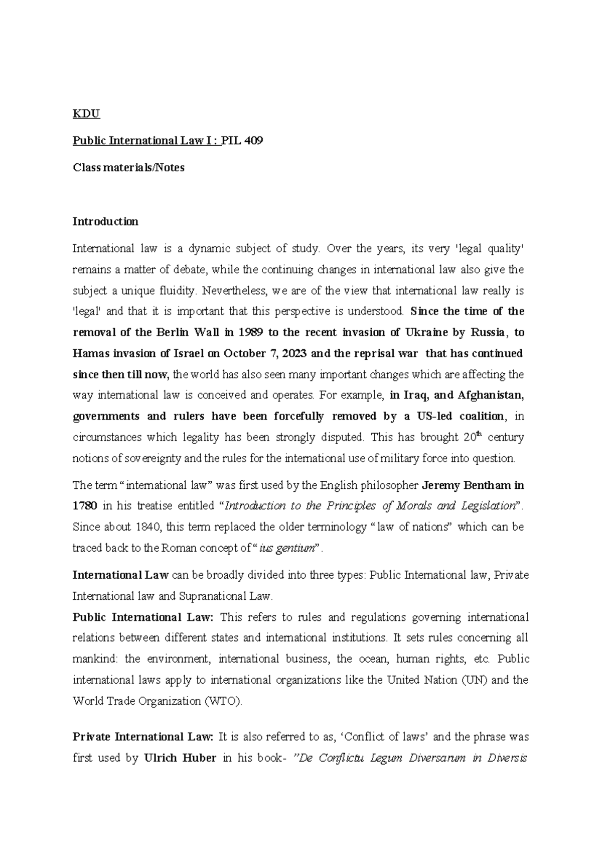 Public International Law I: PIL 409 Class Overview and Key Concepts ...