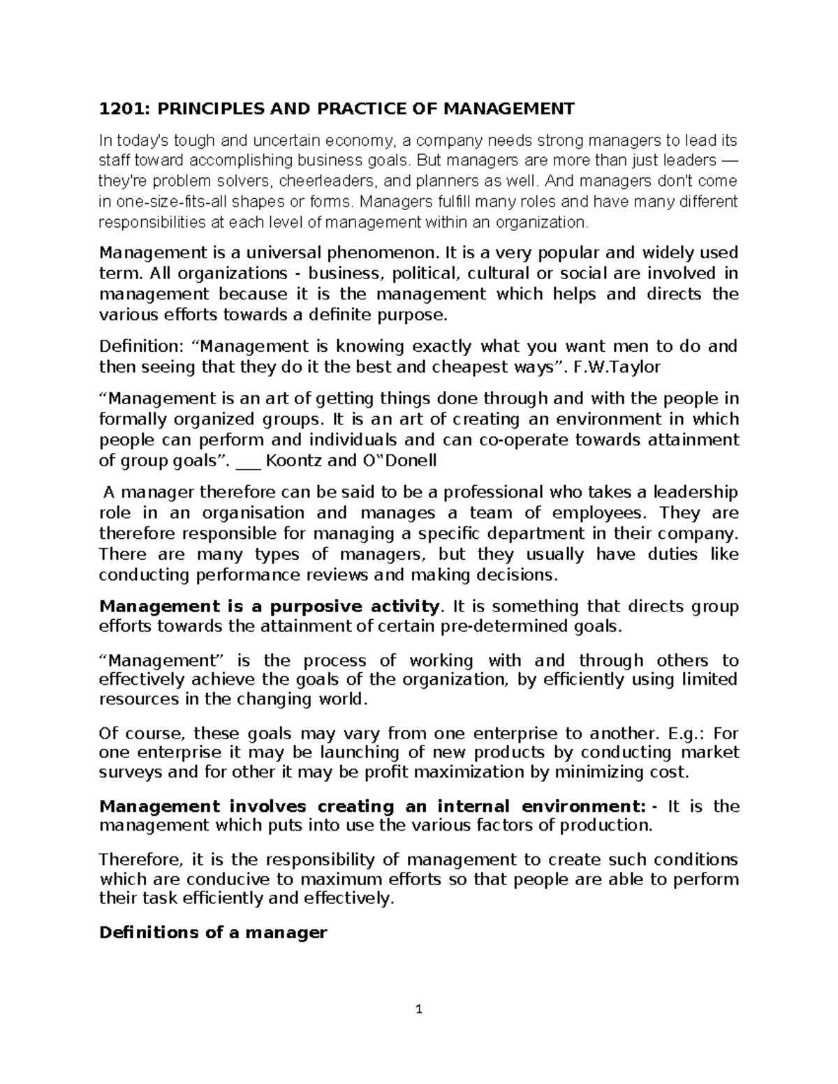 1201: Principles of Management Notes - Understanding Key Concepts - Studocu