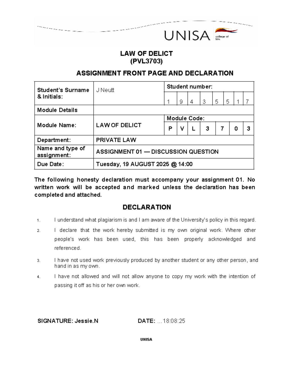 LAW OF DELICT (PVL3703) ASSIGNMENT 01 DECLARATION & DISCUSSION - Studocu