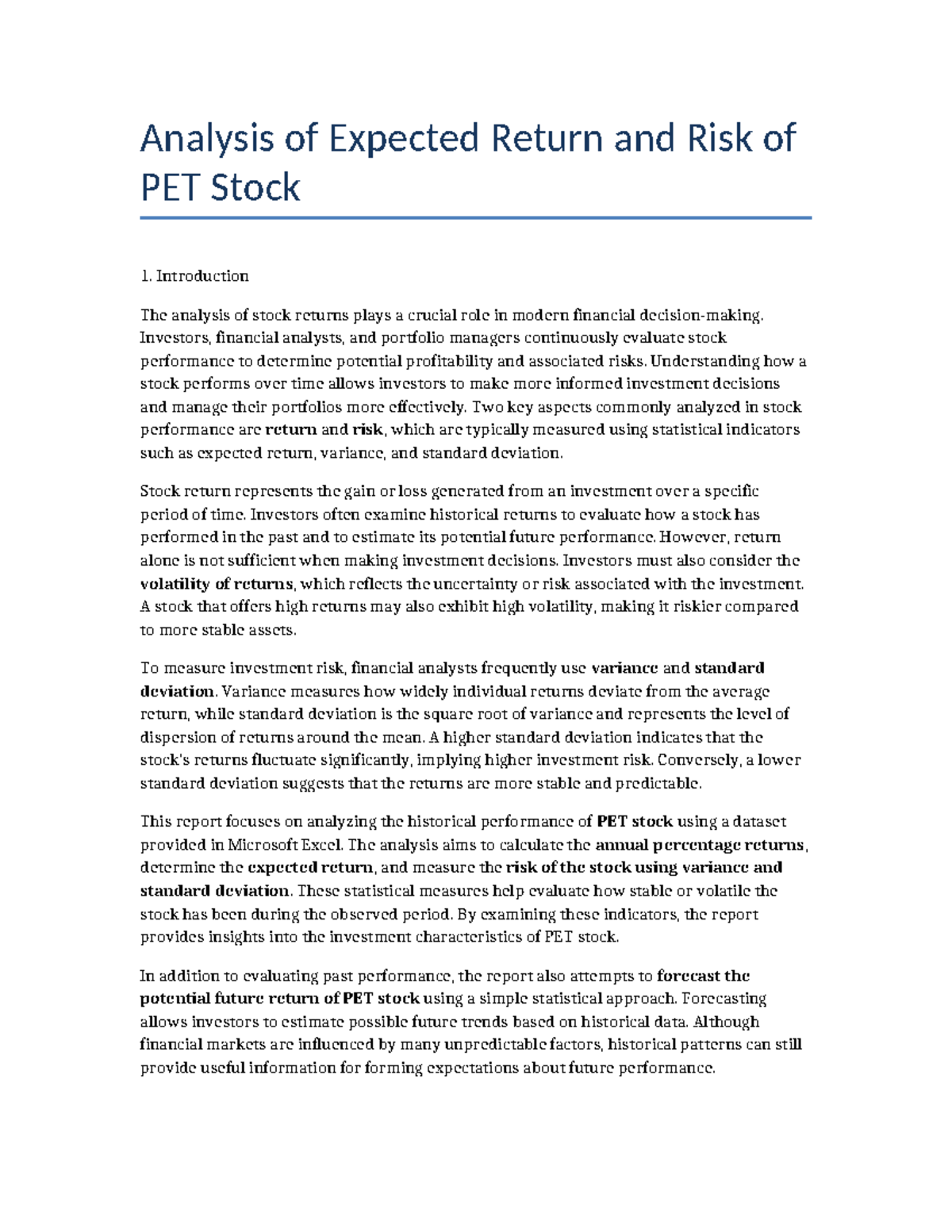 PET Stock Return Analysis: Expected Returns and Risk Assessment - Studocu