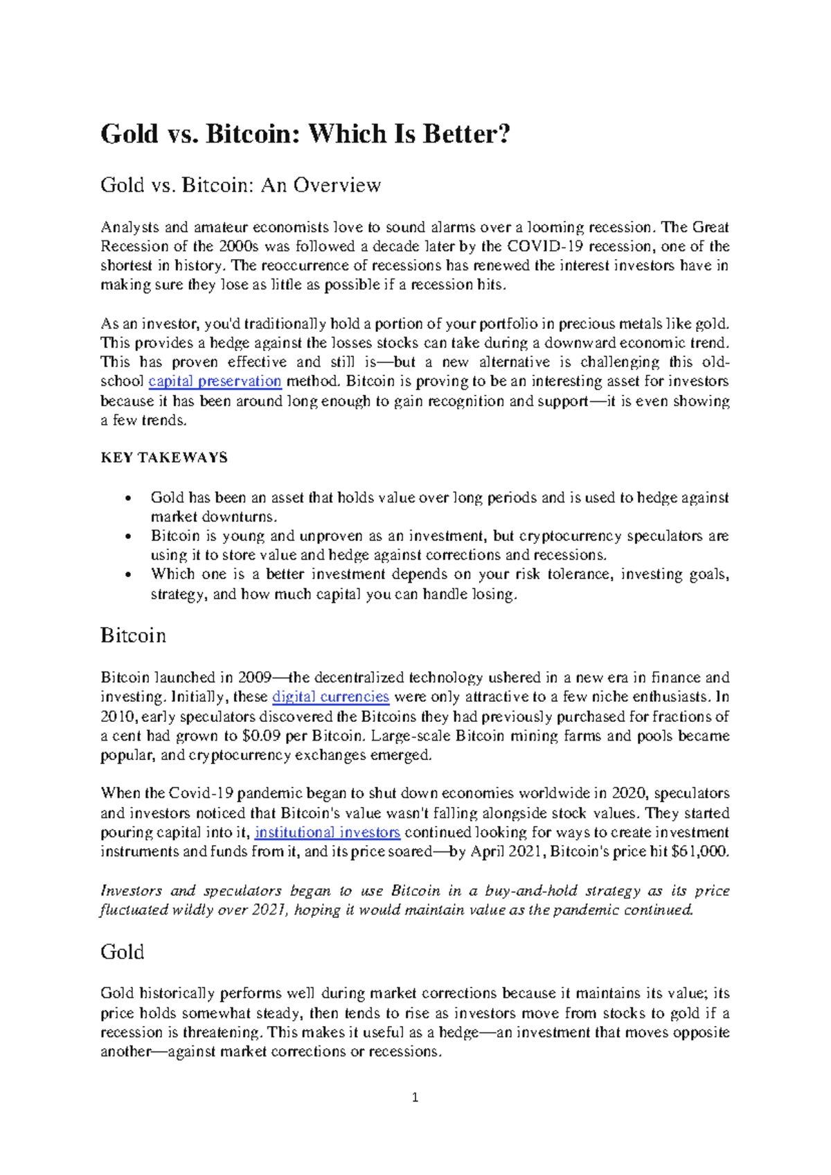 Gold vs. Bitcoin: Investment Analysis and Comparison - Studocu