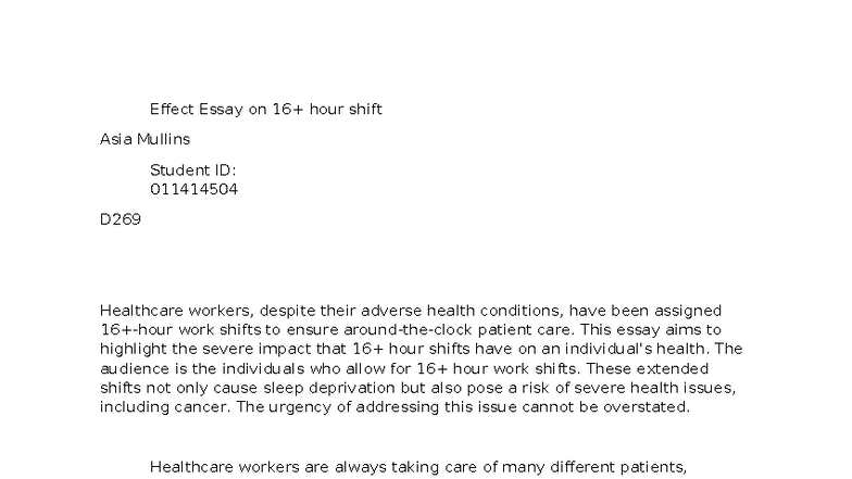 D269 Effect Essay: The Health Risks of 16+ Hour Shifts in Healthcare ...
