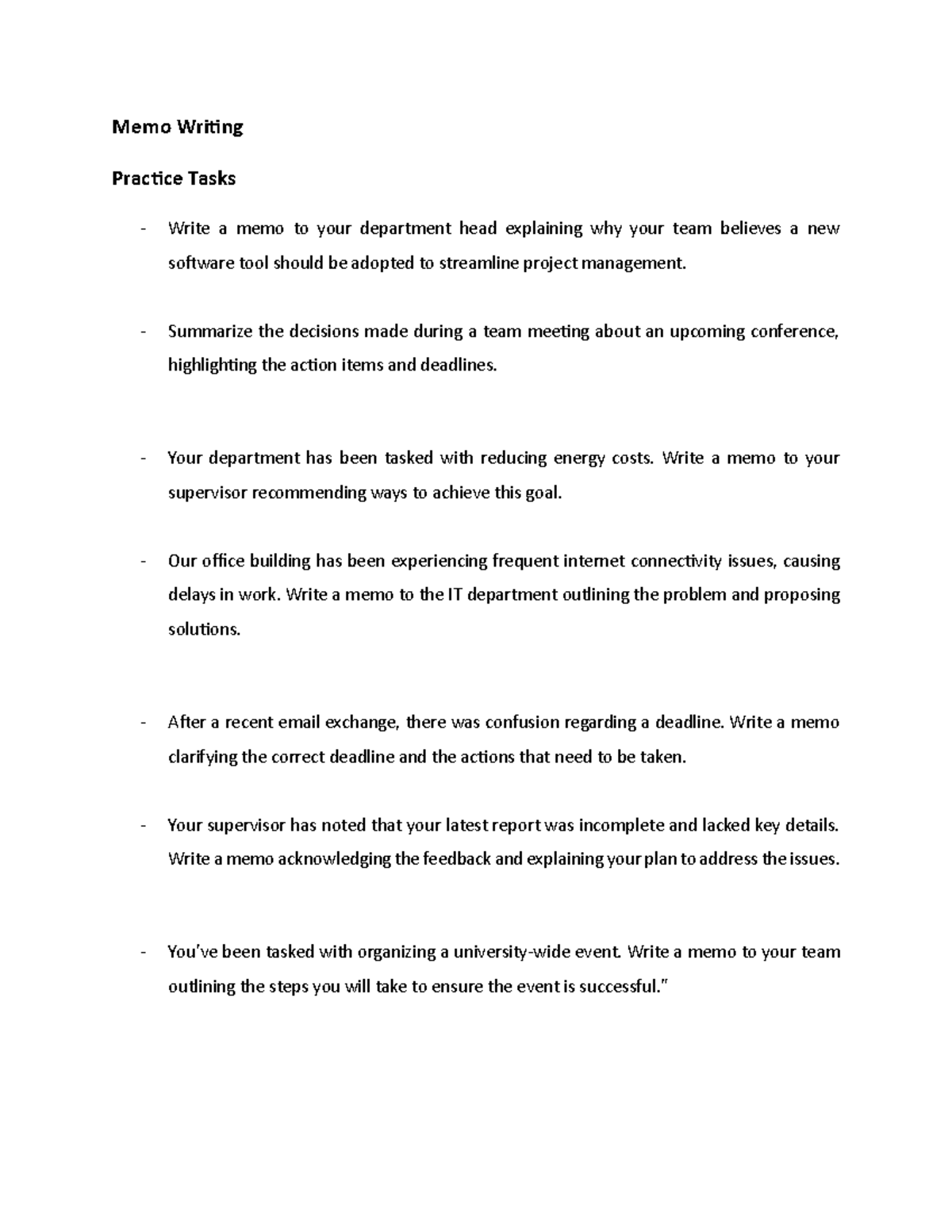 Memo Writing - no as such - Memo Writing Practice Tasks - Write a memo ...