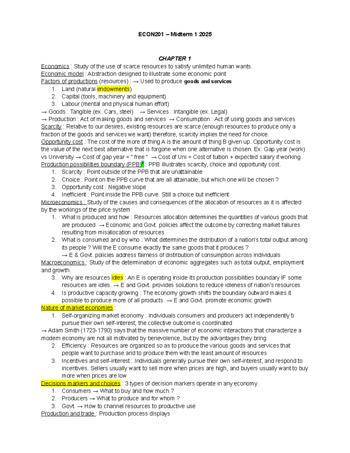 ECON201 Midterm 1 (2025) - Key Concepts in Economics and Resource ...