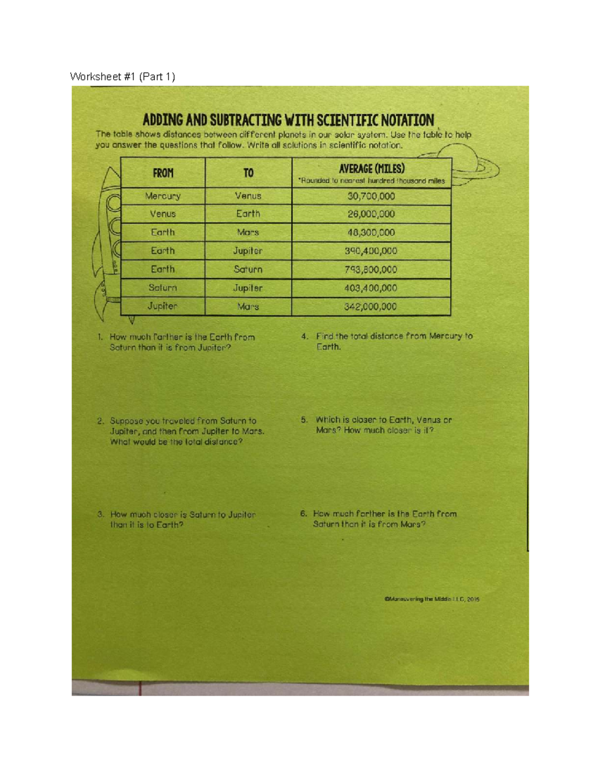 Worksheet (Part 1 & 2) on Scientific Notation: Adding, Subtracting ...