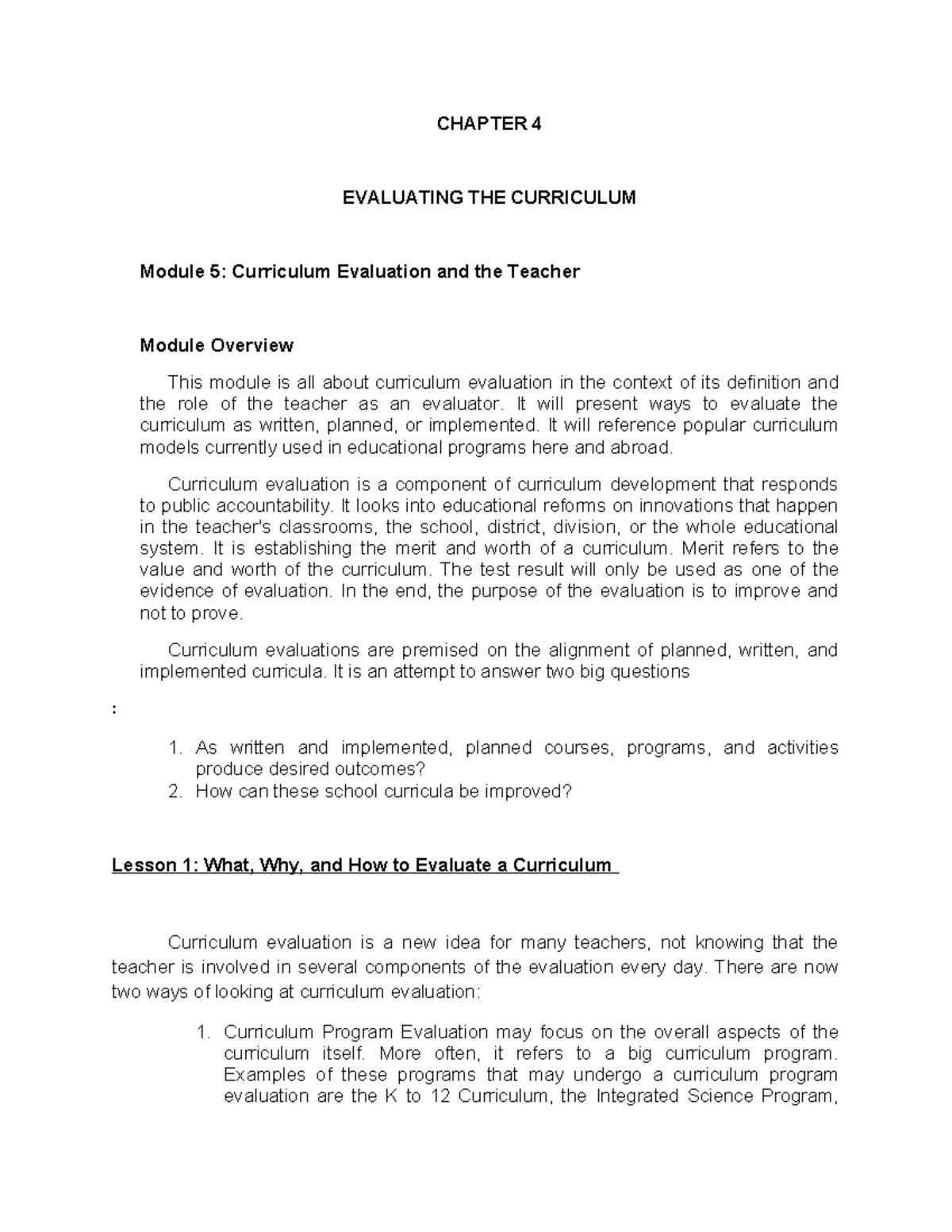 CHAPTER 4: CURRICULUM EVALUATION IN EDUCATION (Module 5) - Studocu