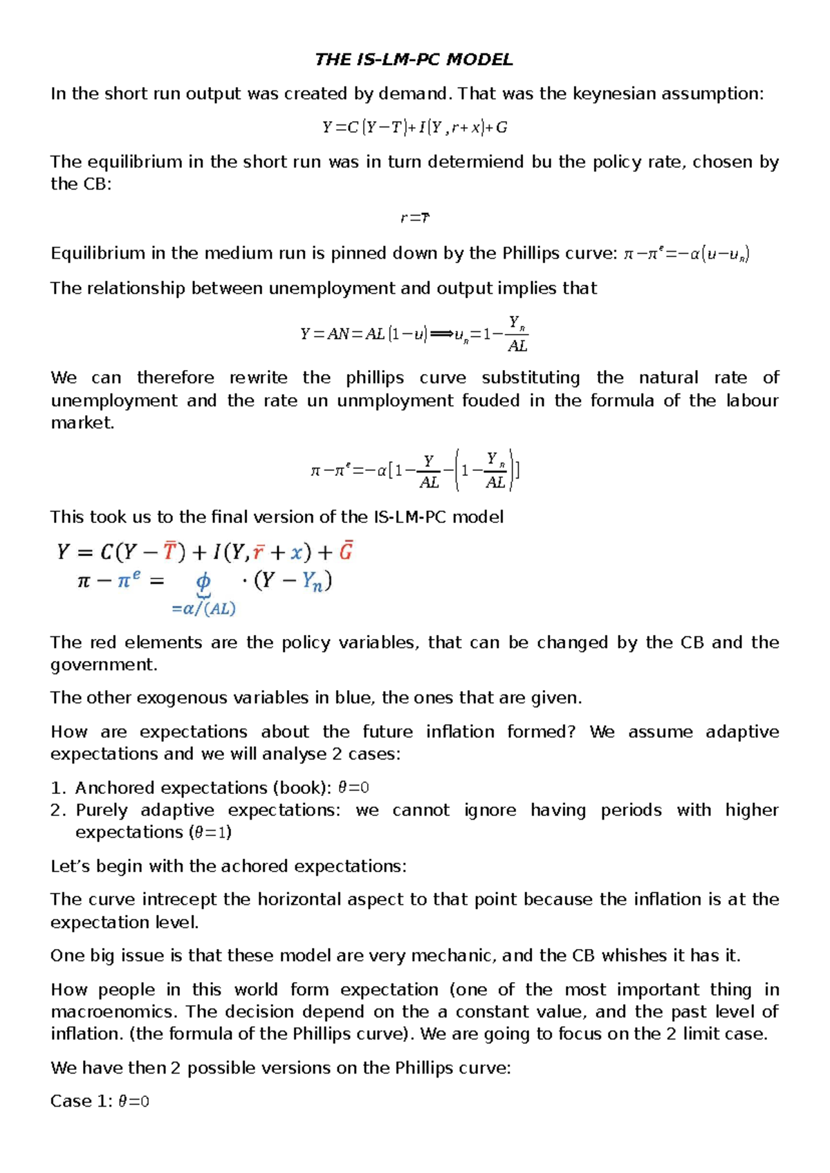 IS-LM-PC Model Analysis: Short and Medium Run Dynamics - Studocu