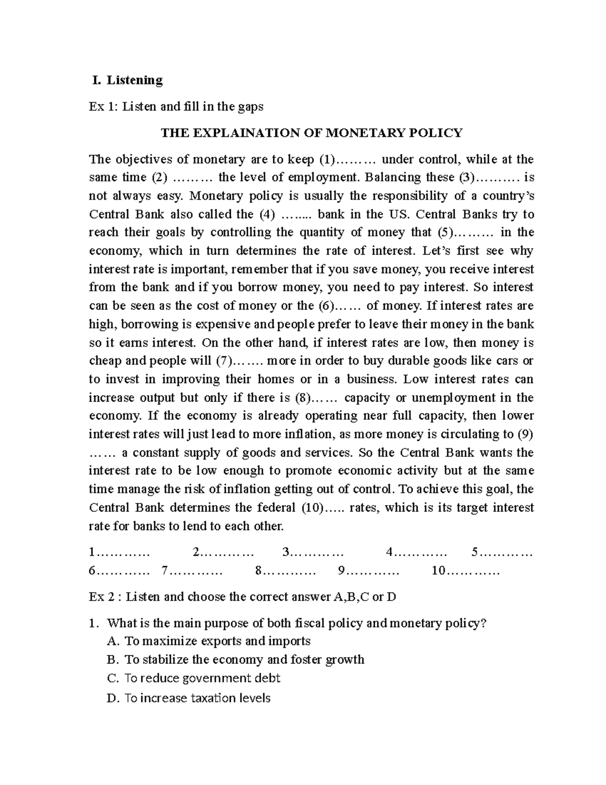 Test-U4: Listening & Reading Exercises on Monetary Policy - Studocu