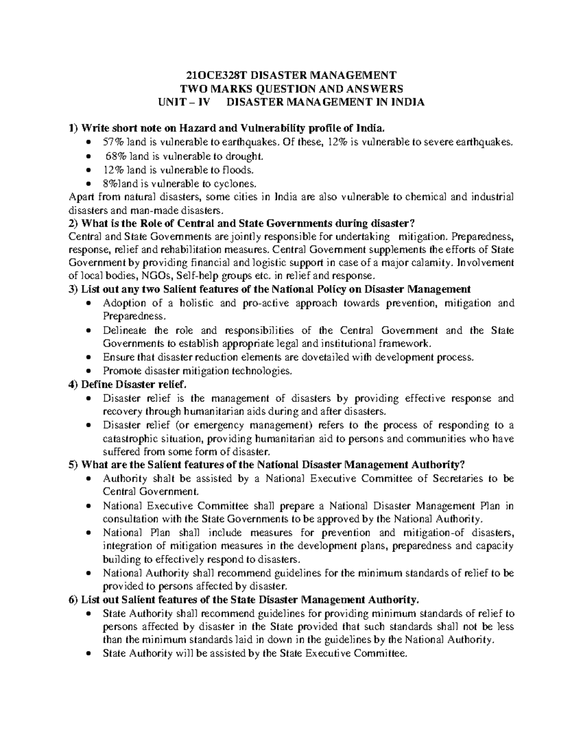 2mark unit 4 - 2 MARKS QB - 21 OCE328T DISASTER MANAGEMENT TWO MARKS ...