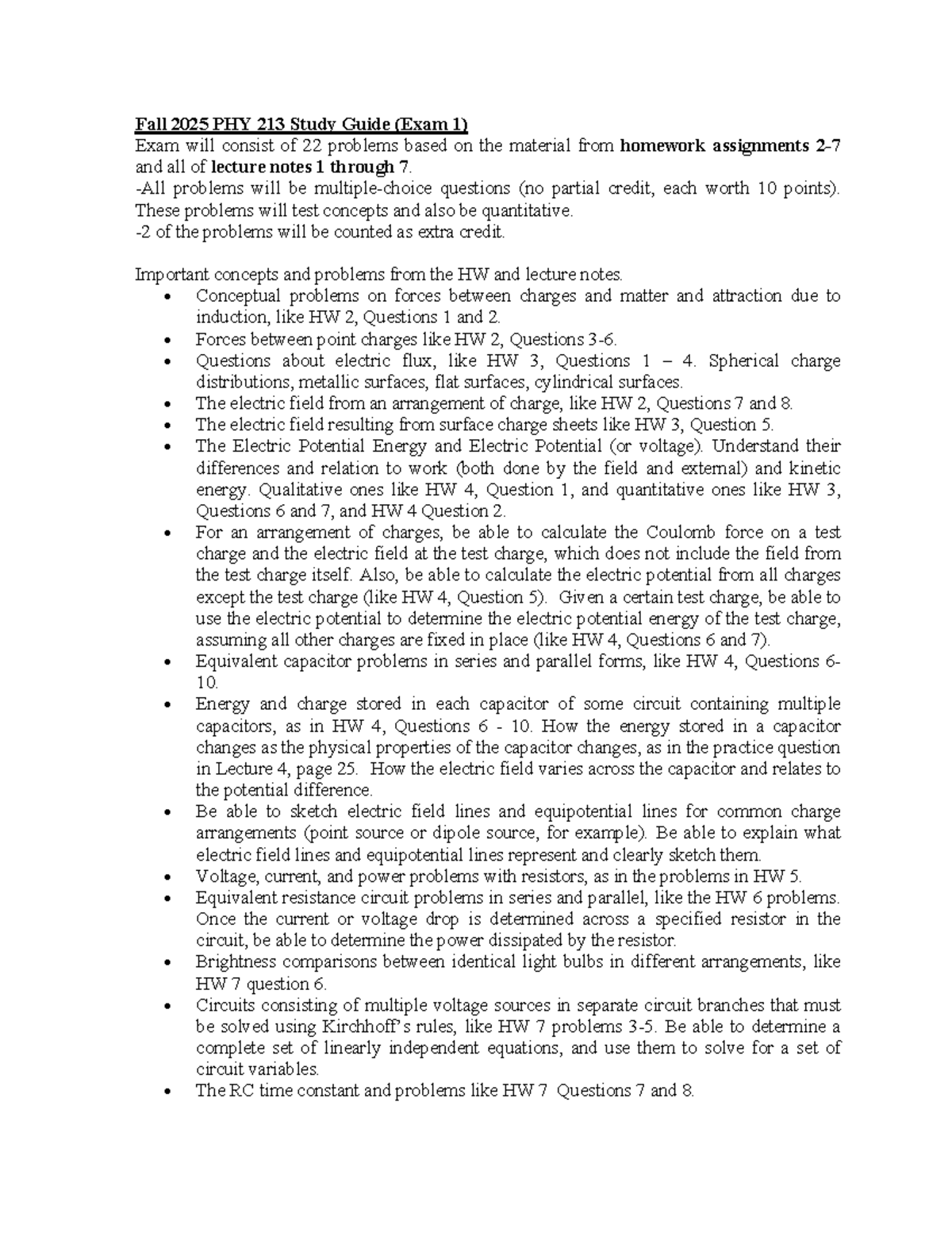 Fall 2025 PHY 213 Study Guide (Exam 1) - Studocu