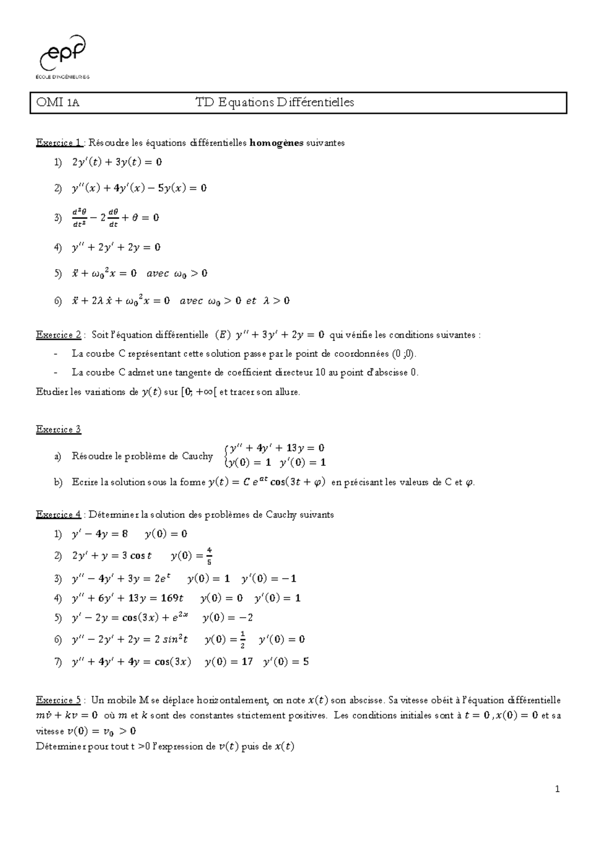TD Equa diff - MATHS - 1 OMI 1A TD Equations DiffÈrentielles Exercice 1 ...