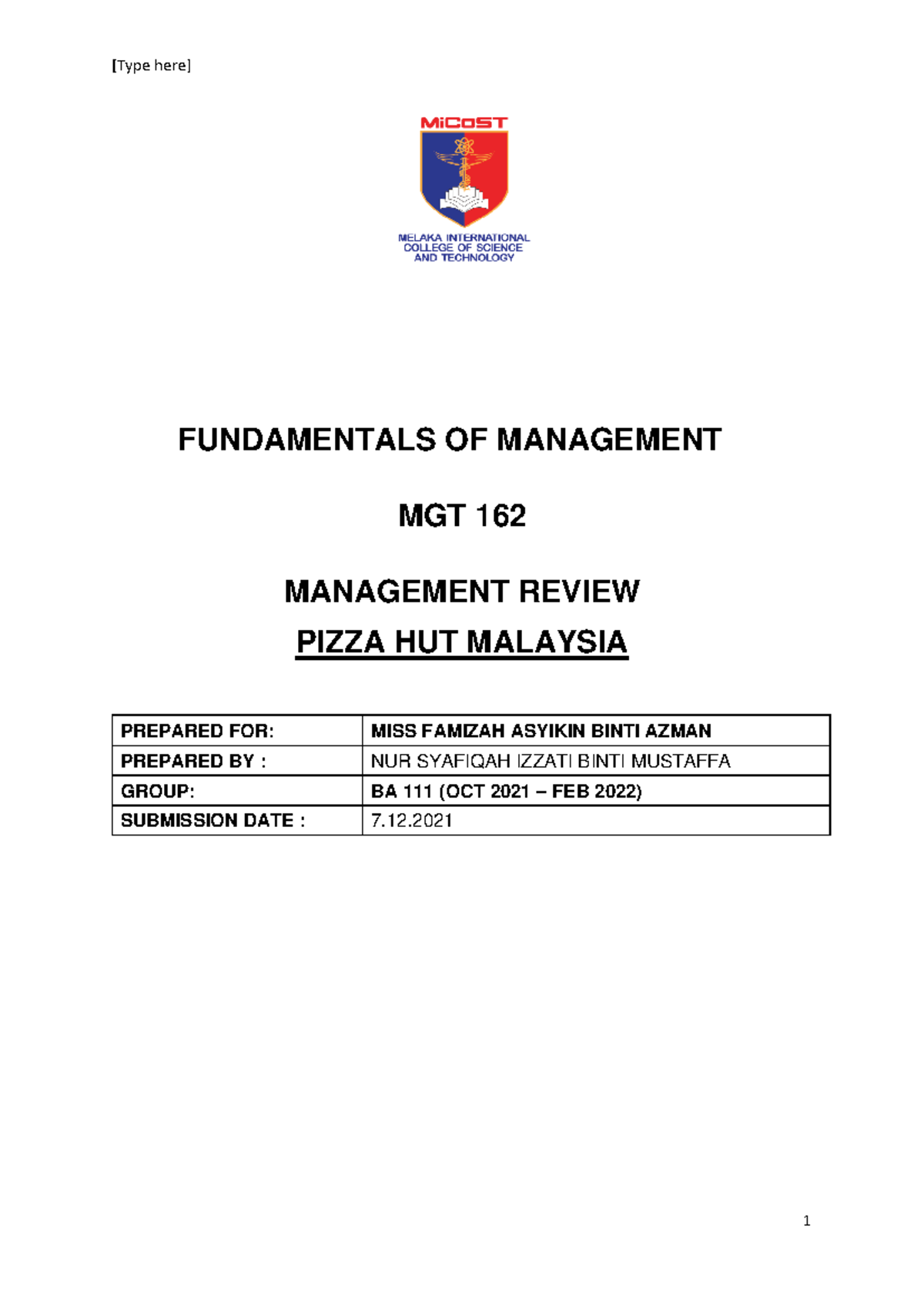 MGT 162: Management Review on Pizza Hut Malaysia Assignment - Studocu