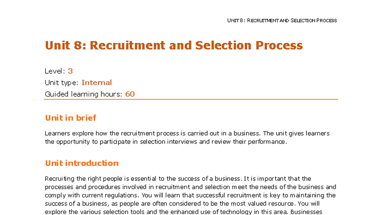 Unit 8 BTEC Level 3: Recruitment & Selection Process Overview - Studocu