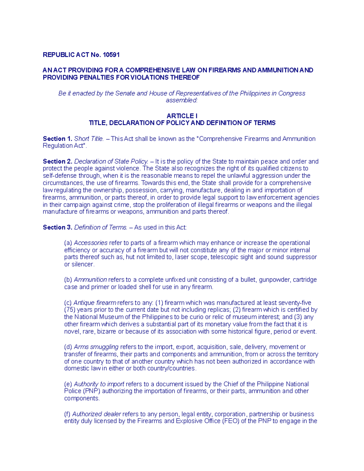 RA 10591 - Comprehensive Law on Firearms and Ammunition - Studocu
