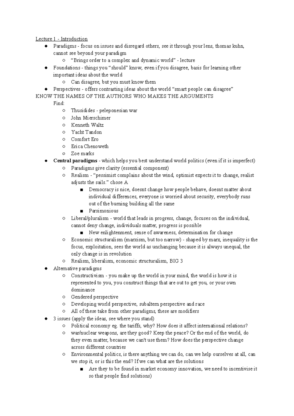International Relations (IR) Lecture Notes: Theories & Paradigms ...