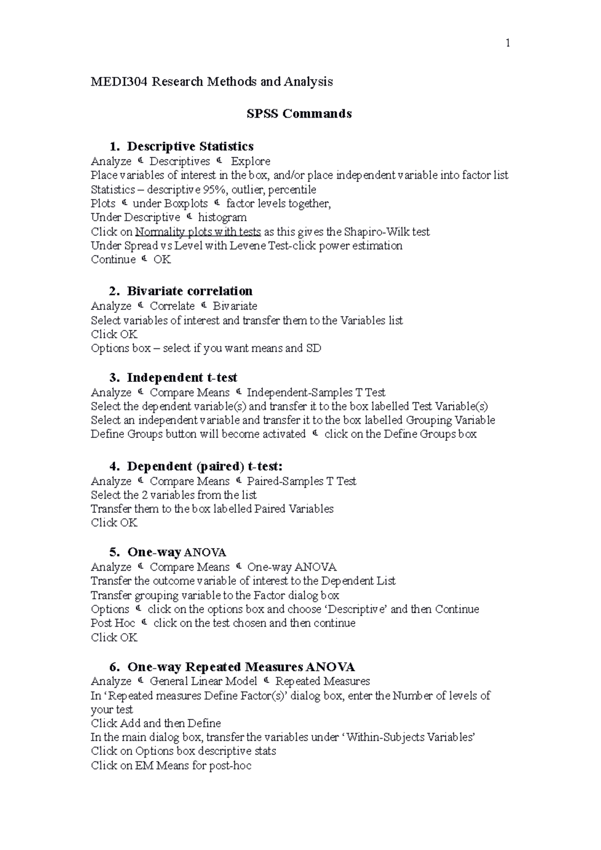 MEDI304 SPSS Command Sheet for Research Methods and Analysis - Studocu