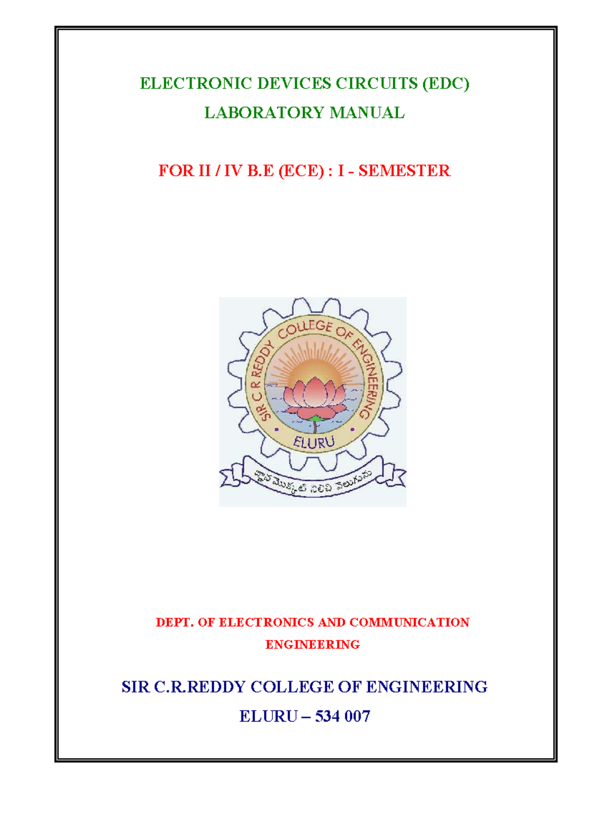 EDC Lab Manual for II IV B.E (ECE): Experiments & Precautions - Studocu