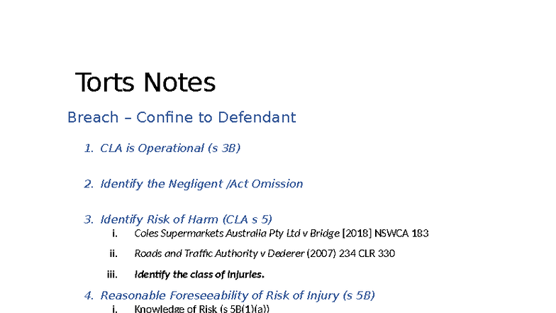 Torts Notes: Breach of Duty and Negligence Analysis (CLA) - Studocu