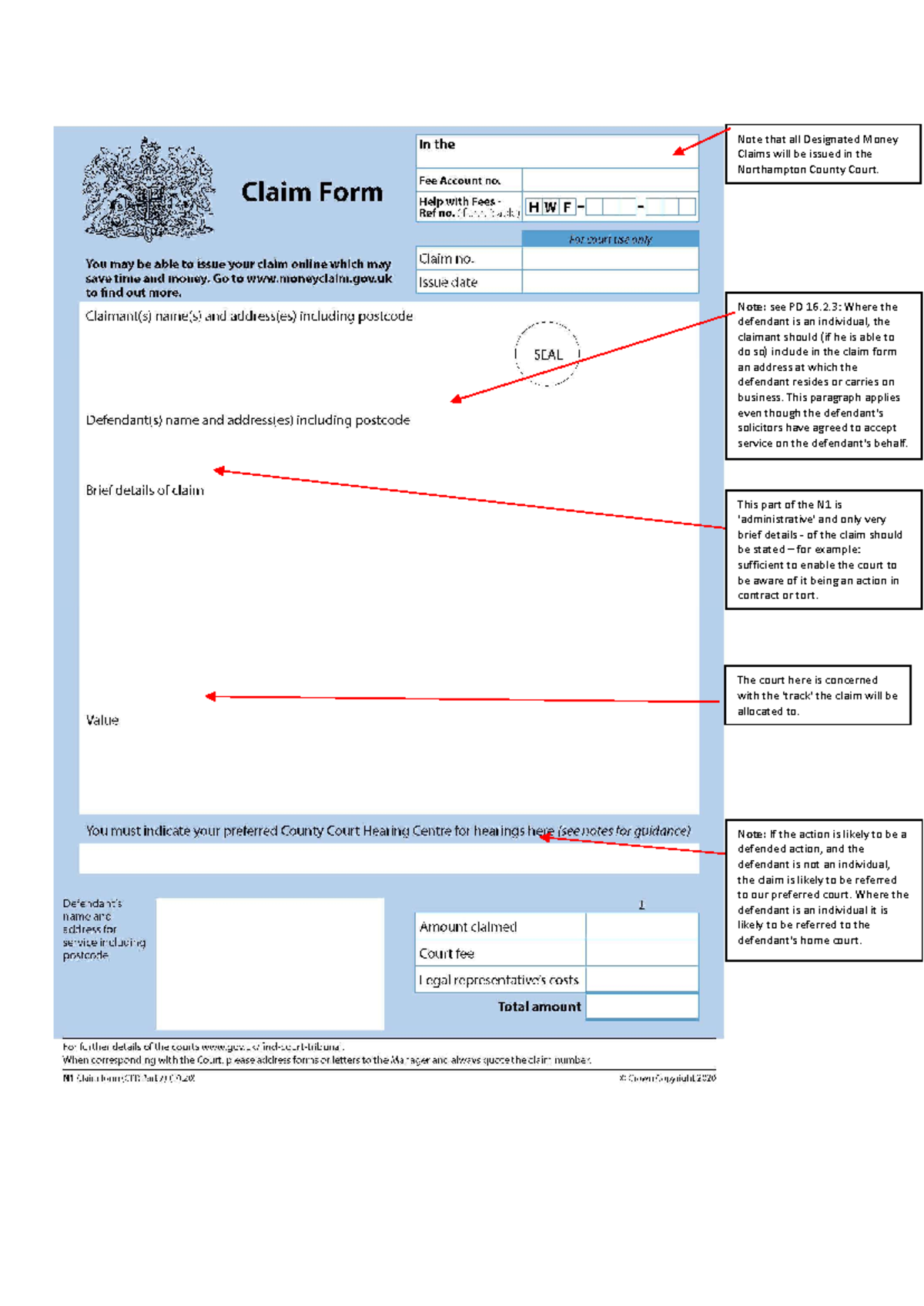 N1 annotated form - Exam prep - Note that all Designated Money Claims ...