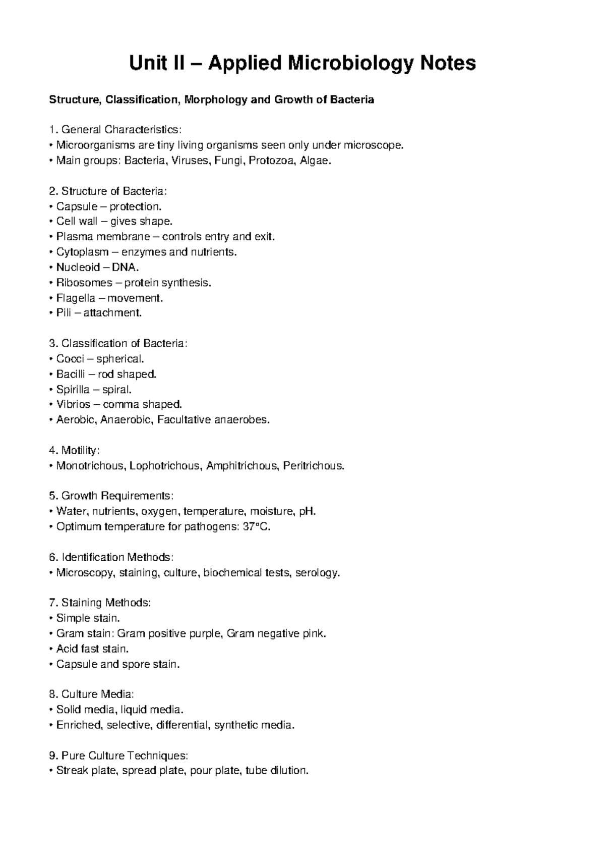 Unit II Microbiology Notes: Bacterial Structure & Growth - Studocu