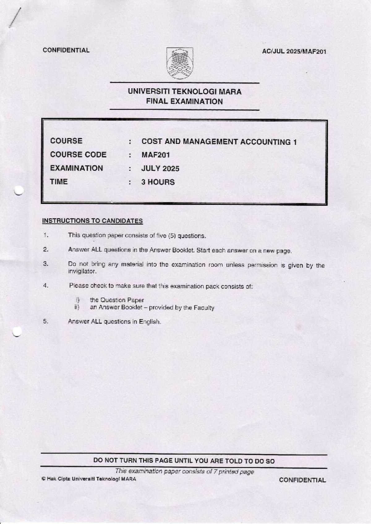 MAF201 Final Exam July 2025: Cost and Management Accounting Insights ...