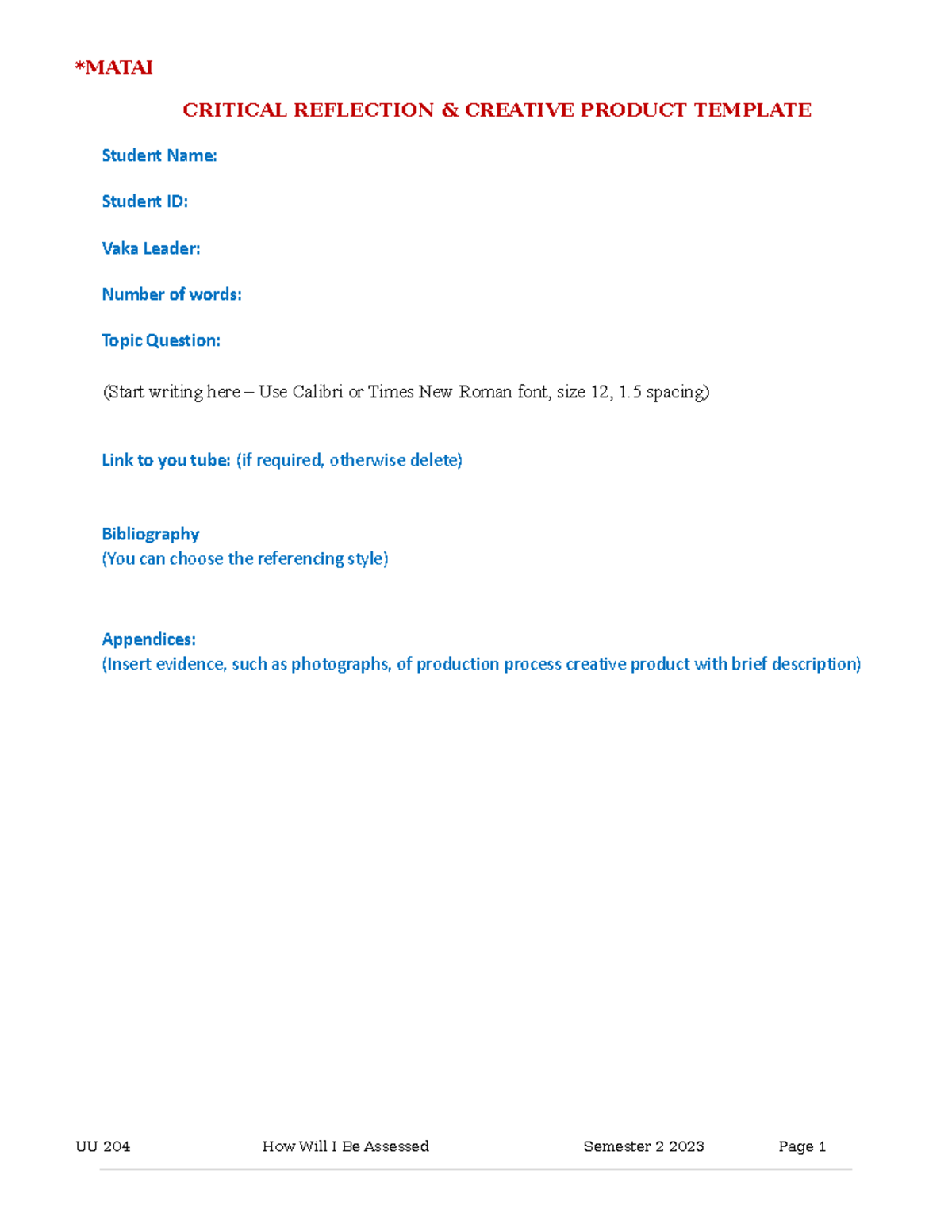 UU 204 Critical Reflection & Creative Product Template - Semester 2 ...