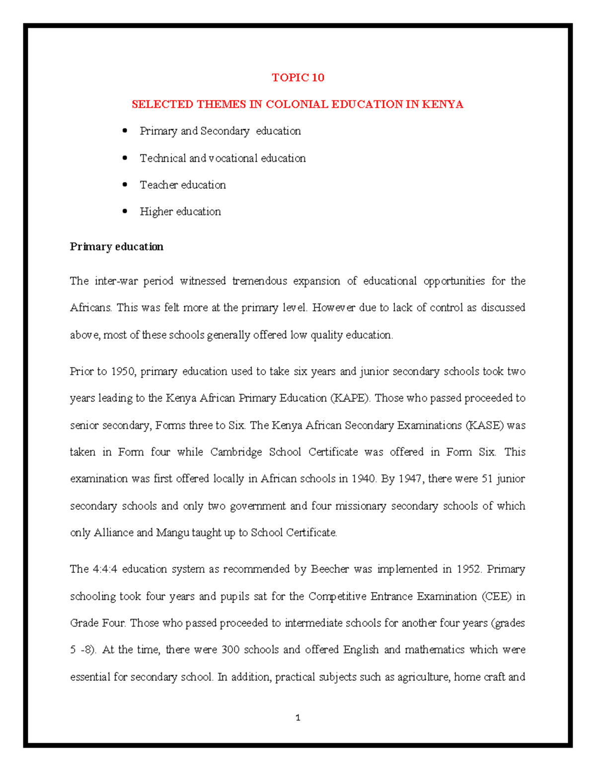 TOPI 10: Colonial Education Themes in Kenya Notes - Studocu