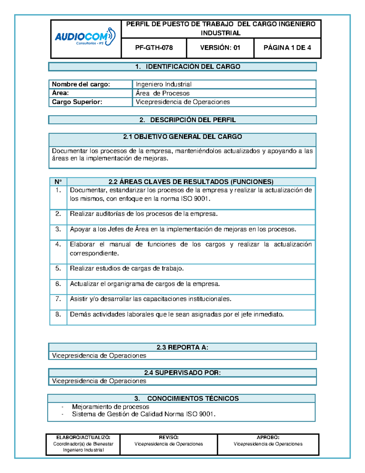 PF-GTH-078: Perfil de Puesto - Ingeniero Industrial (Versión 01) - Document Preview