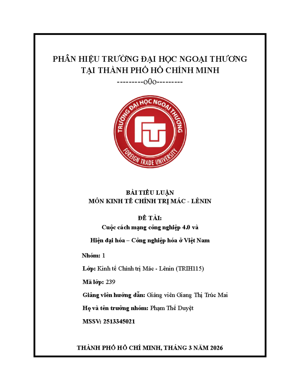 Tiểu Luận Nhóm Chủ Đề 2: Cuộc Cách Mạng Công Nghiệp 4.0 và Hiện Đại Hóa Công - Document Preview