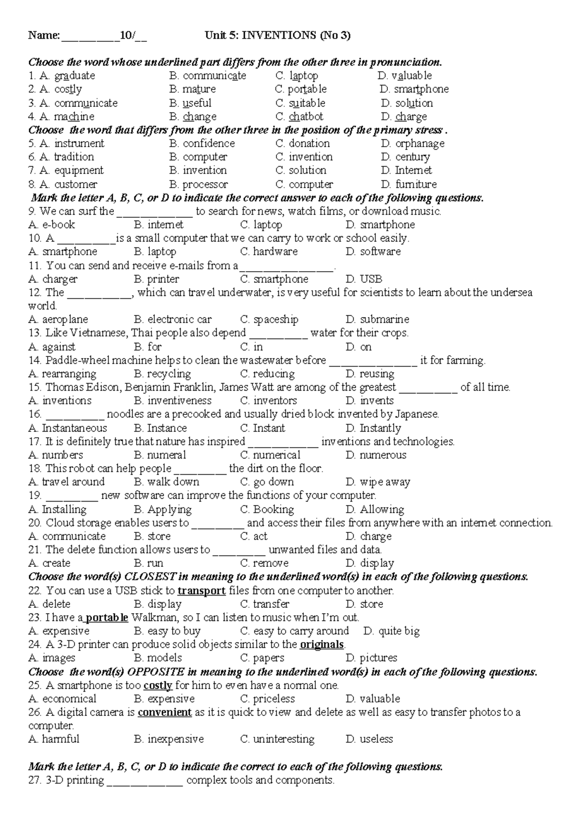 Unit 5: Inventions - Pronunciation and Stress Practice (No 3) - Studocu