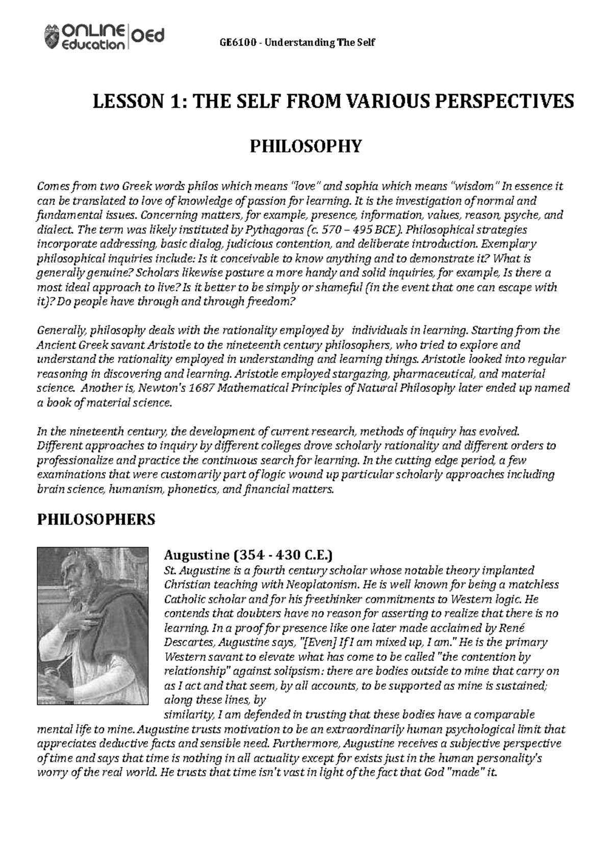 Lesson 1 - The Self from Various Perspective - Bachelor of Science in ...