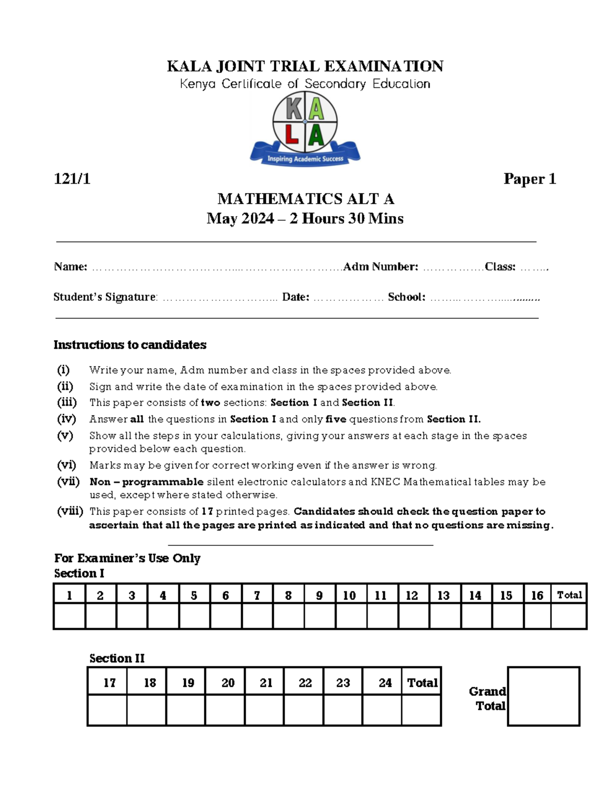 KALA MATH PP1 TRIAL EXAMINATION TERM II 2024 - Studocu