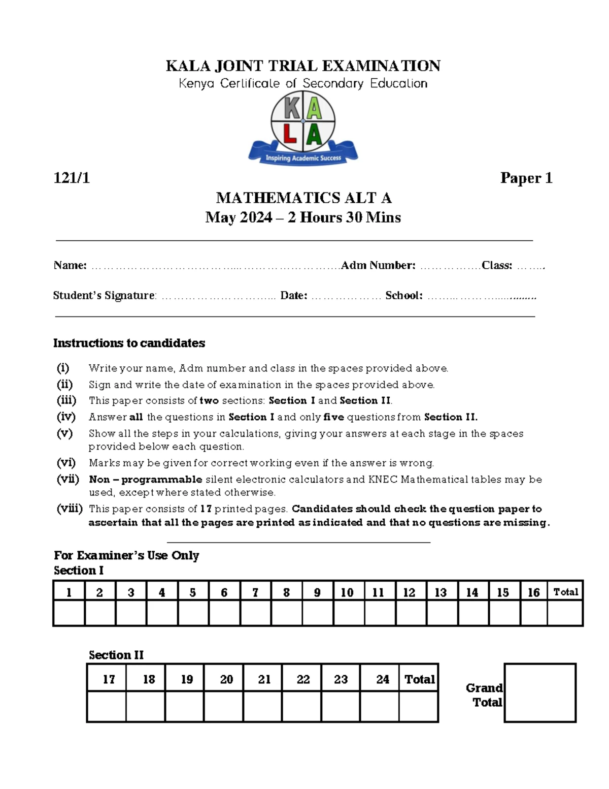 Marking Scheme for KALA Maths Exam P2 - May 2024 - Studocu