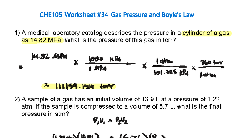 CHE 105 Worksheet #34 - Gas Laws Calculations and Problems - Studocu