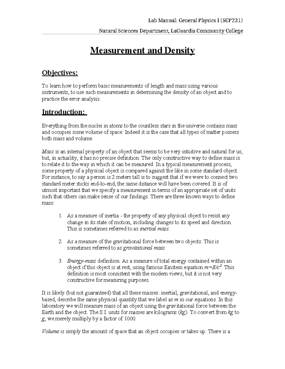 Lab Manual: Measurement and Density in General Physics I (SCP231) - Studocu