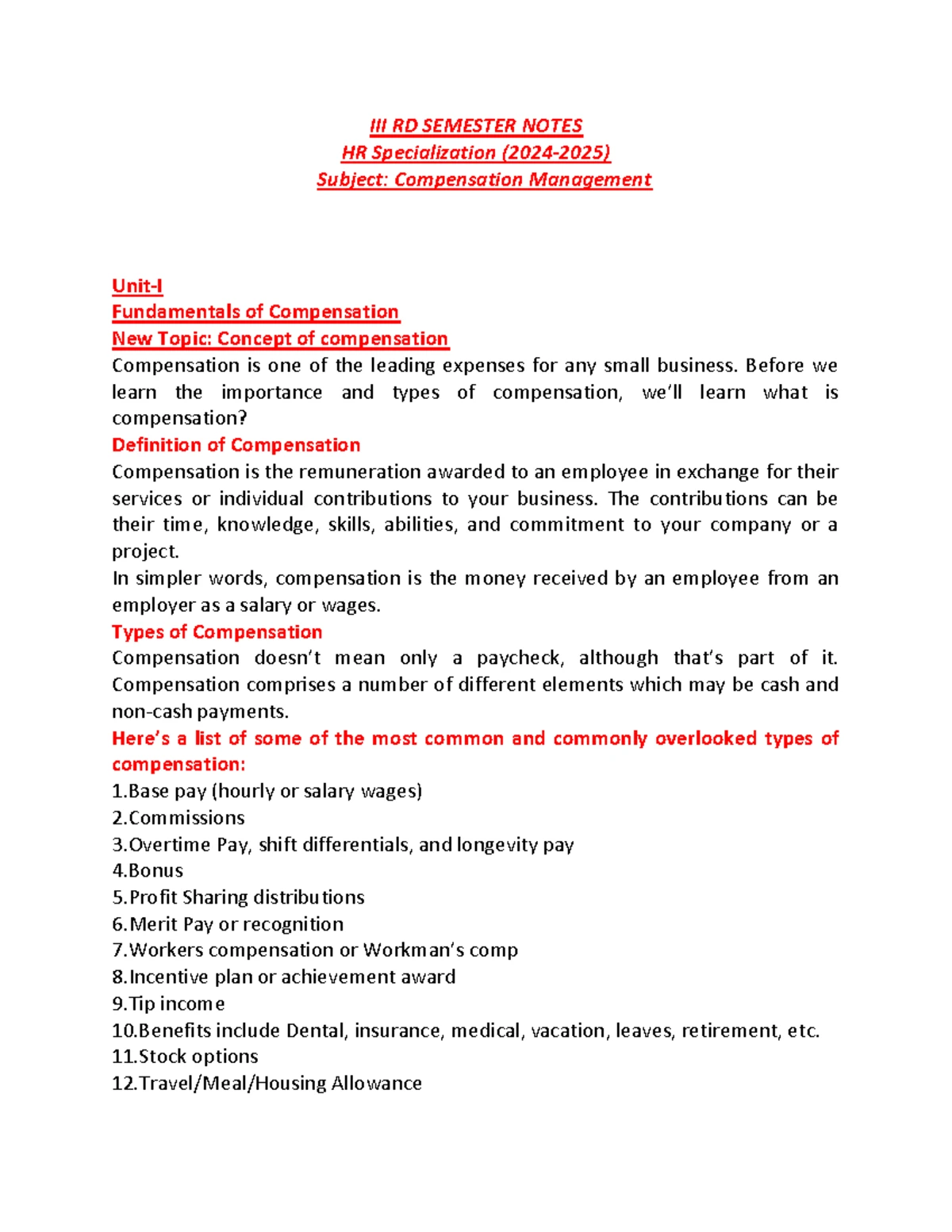MBA II Year SEM II Notes: Compensation Management & Payroll Systems ...