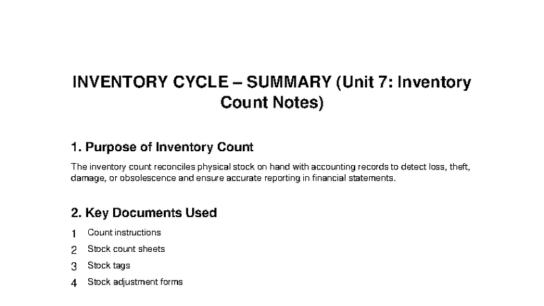 Unit 7: Inventory Count Summary and Key Procedures - Studocu
