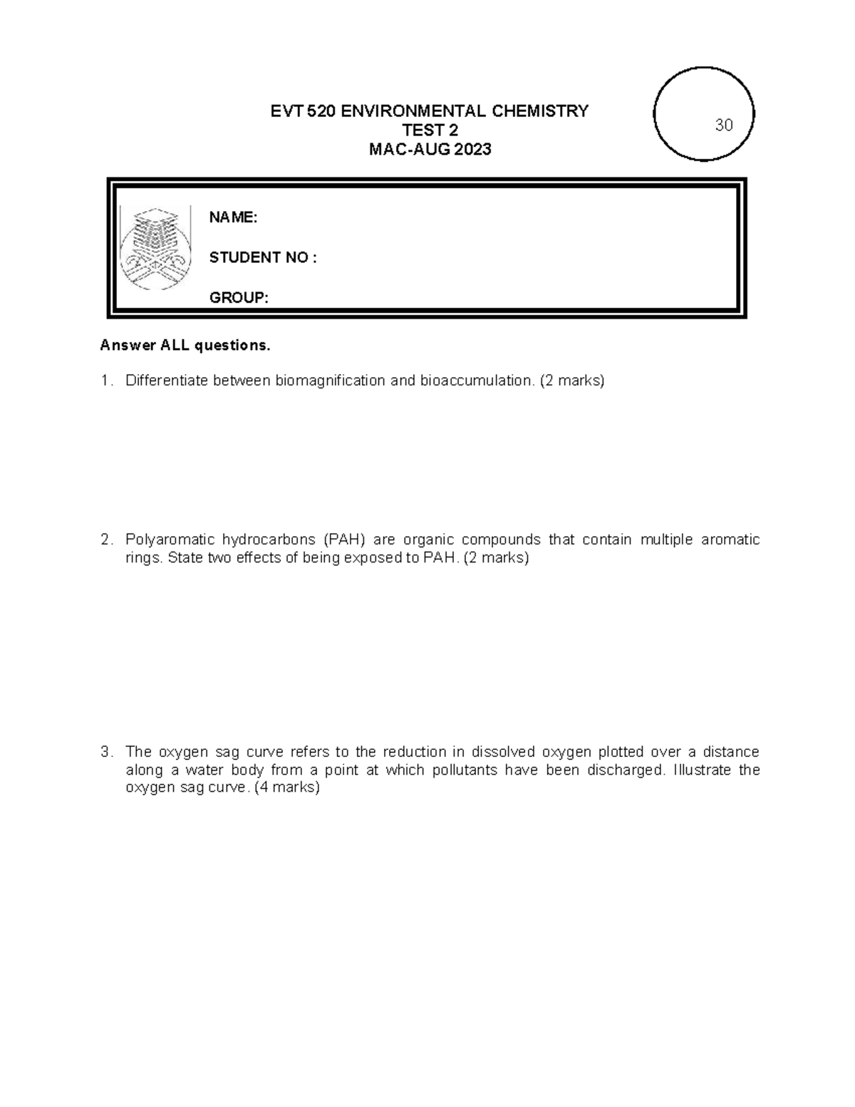 Test 2, EVT520, Mac-Ogos2023 Question - EVT 520 ENVIRONMENTAL CHEMISTRY ...