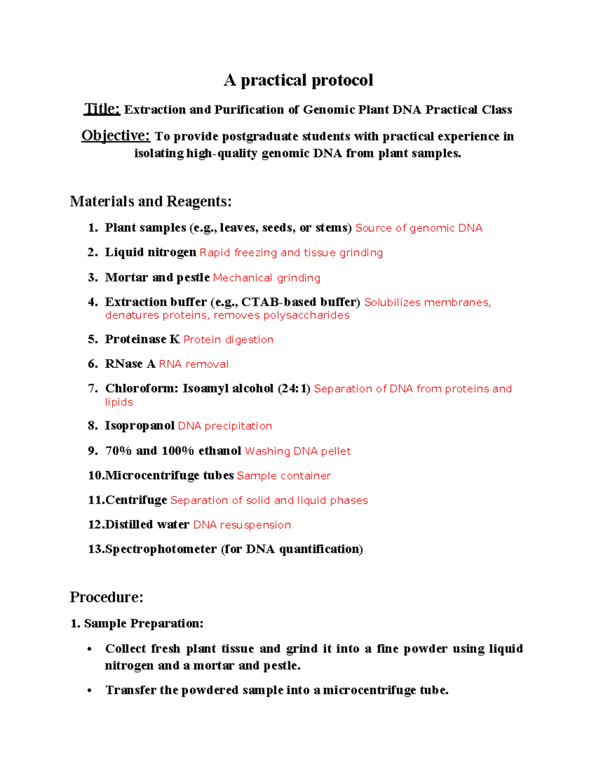 Extraction and Purification of Genomic Plant DNA - Practical Class ...