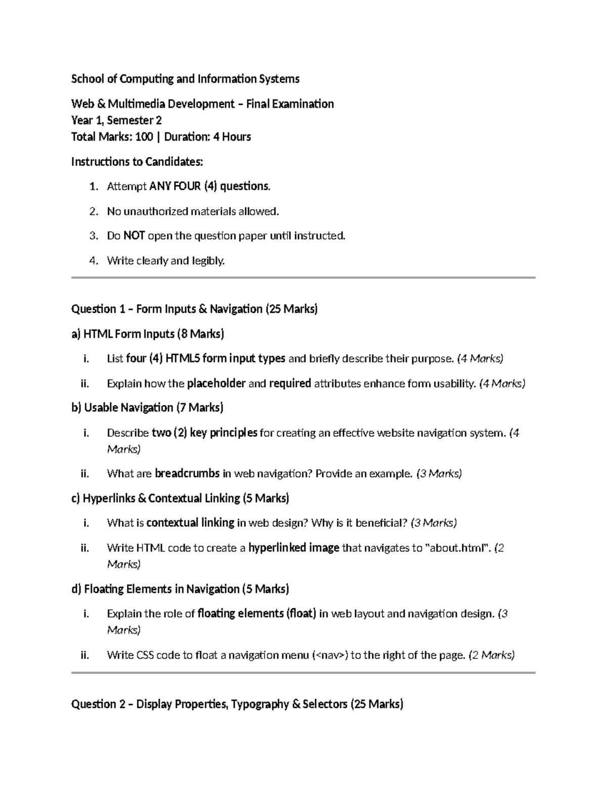 WMD 101 Web Multimedia Development Final Exam Revision QP - Studocu