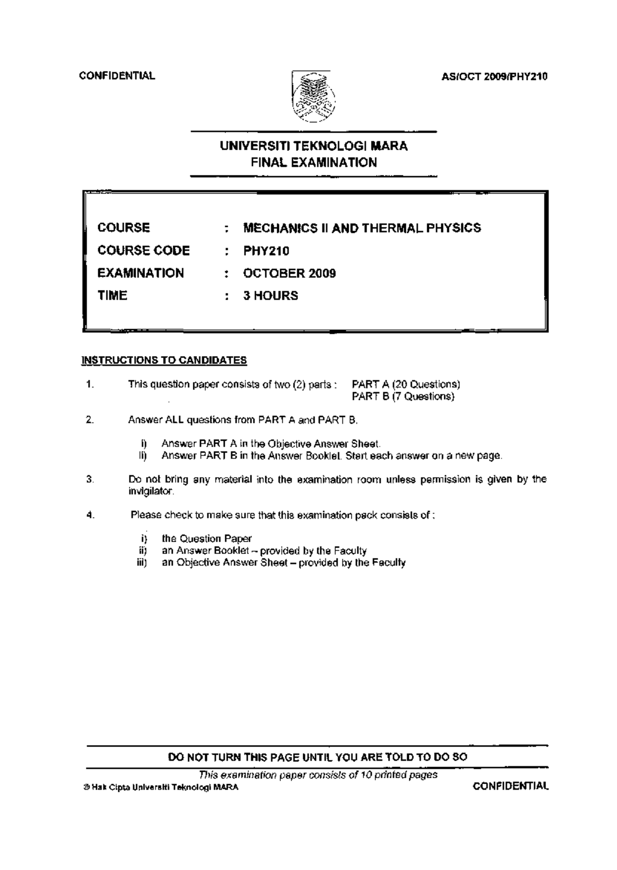 PHY210 - Final Exam Paper on Mechanics II & Thermal Physics - Studocu