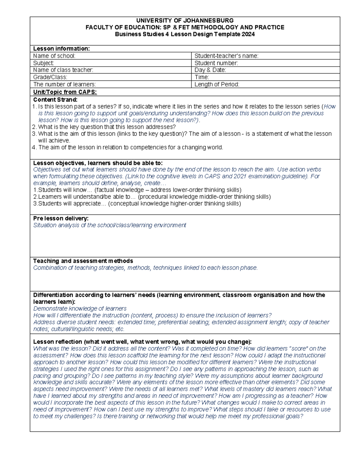 Business Studies 4 Lesson Plan Template 2024: Design & Reflection - Studocu