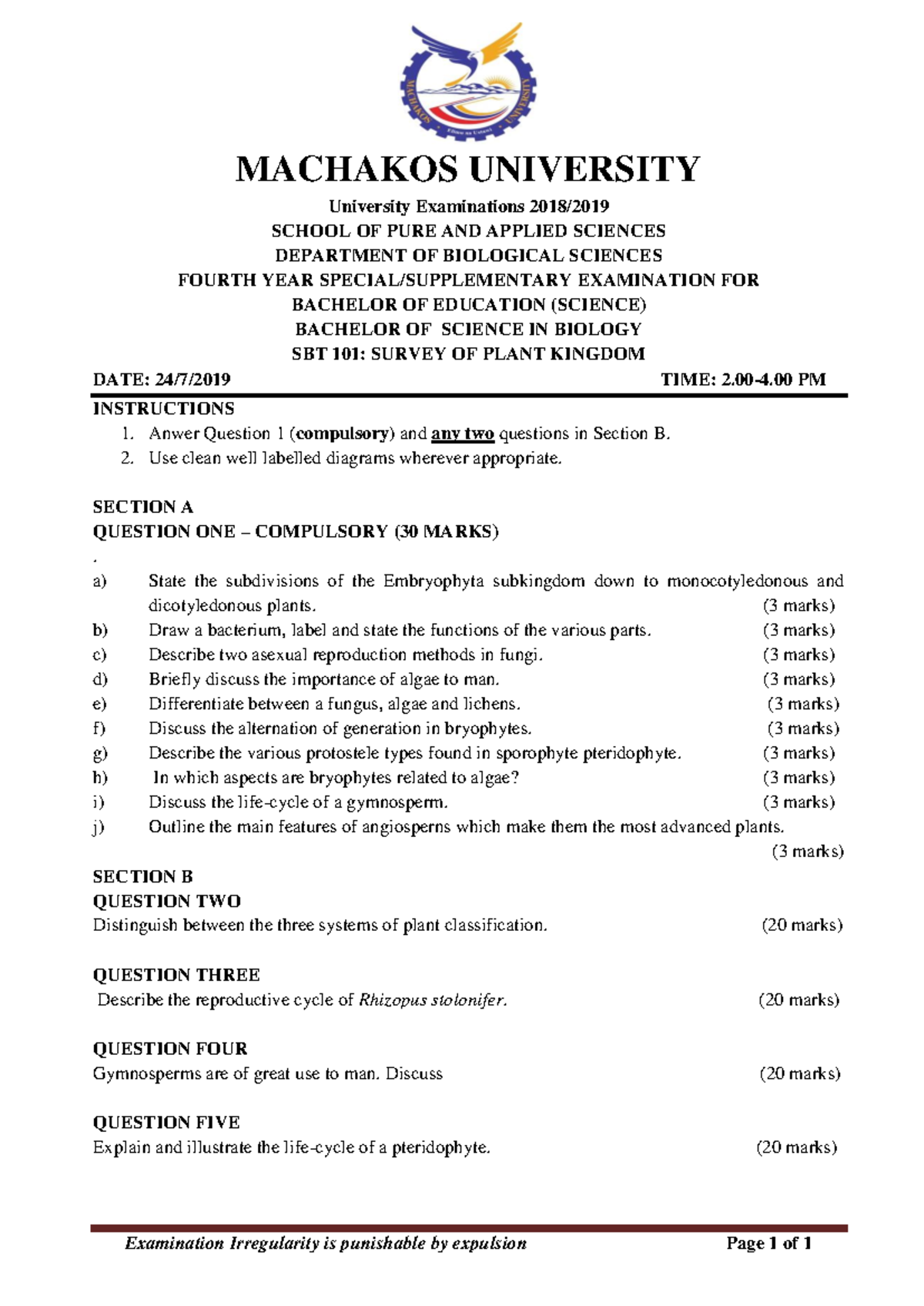 SBT 101: Survey of Plant Kingdom - Final Exam Review Notes - Studocu