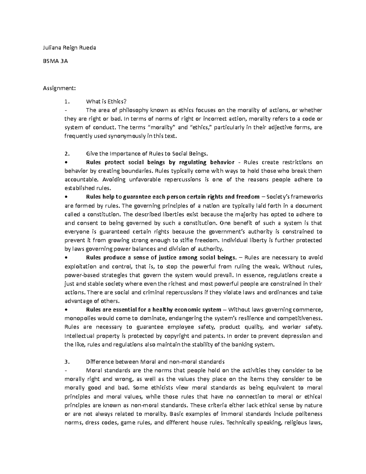 Ethics Assignment 1 - Understanding Morality and Its Impact (BSMA 3A ...
