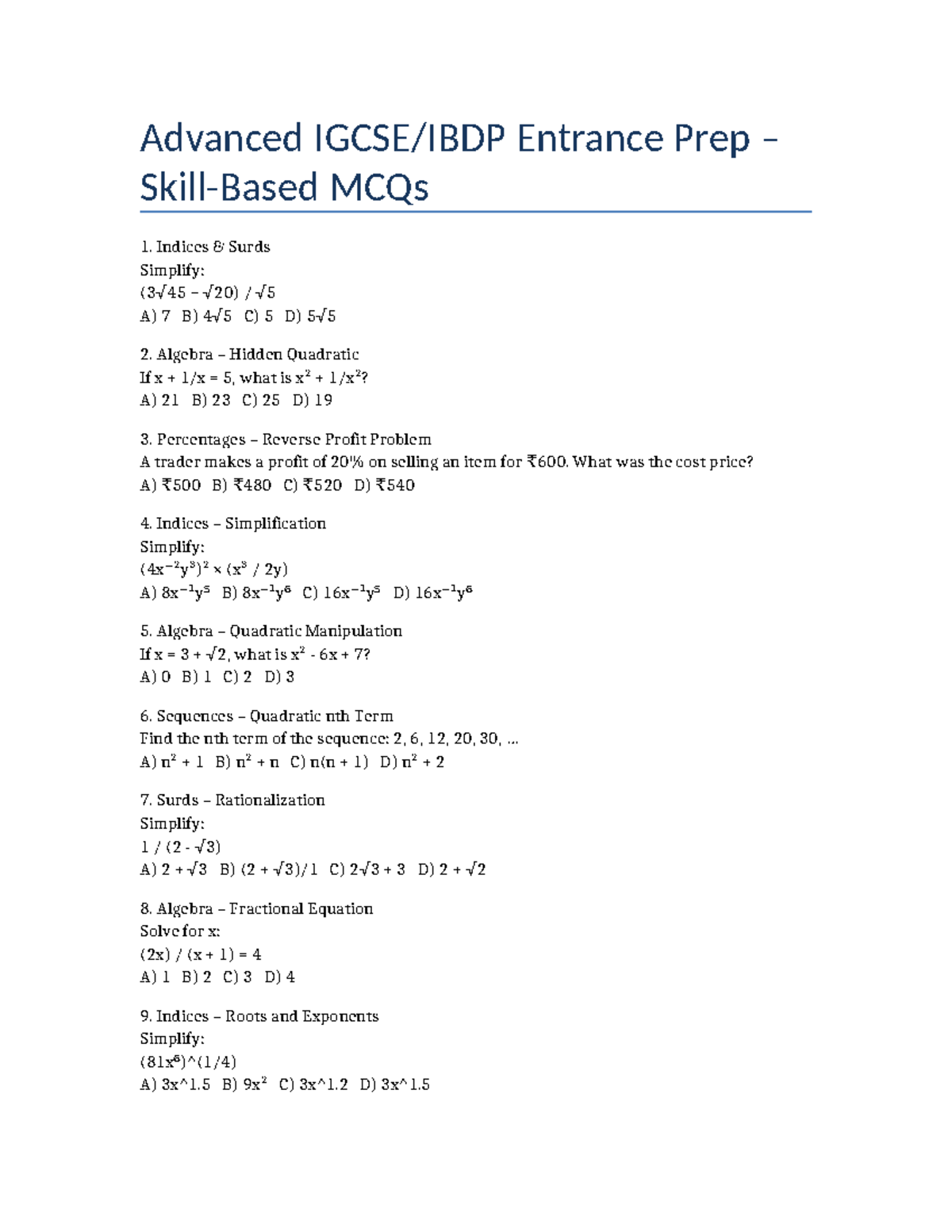 Advanced IGCSE IBDP Math MCQs - Indices, Algebra, Percentages & More ...