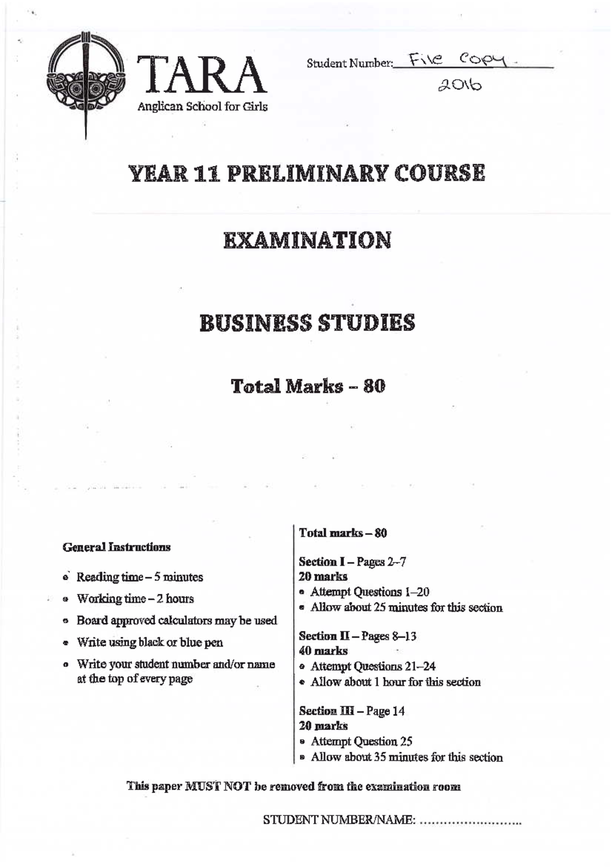 2016 Year 11 Preliminary Business Studies Exam - Total Marks 80 - Studocu