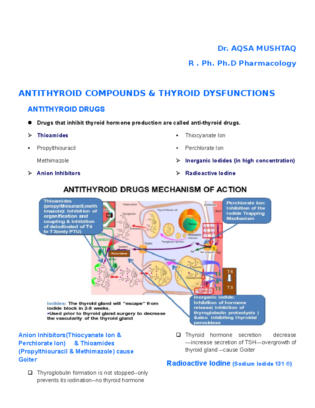 Antithyroid Drugs - Dr. AQSA MUSHTAQ R. Ph. Ph Pharmacology ANTITHYROID ...