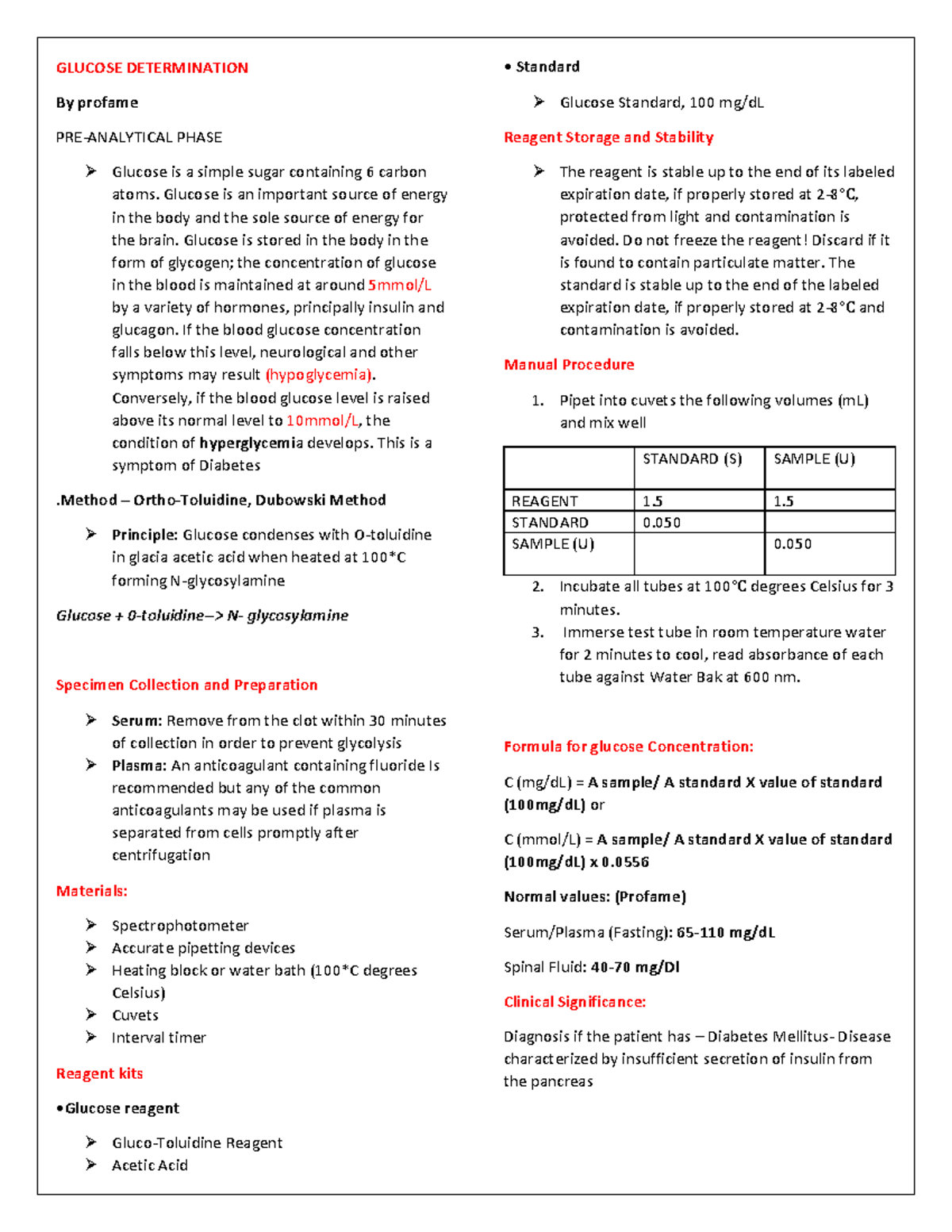 Glucose Determination Lab 1: Methods and Clinical Significance - Studocu